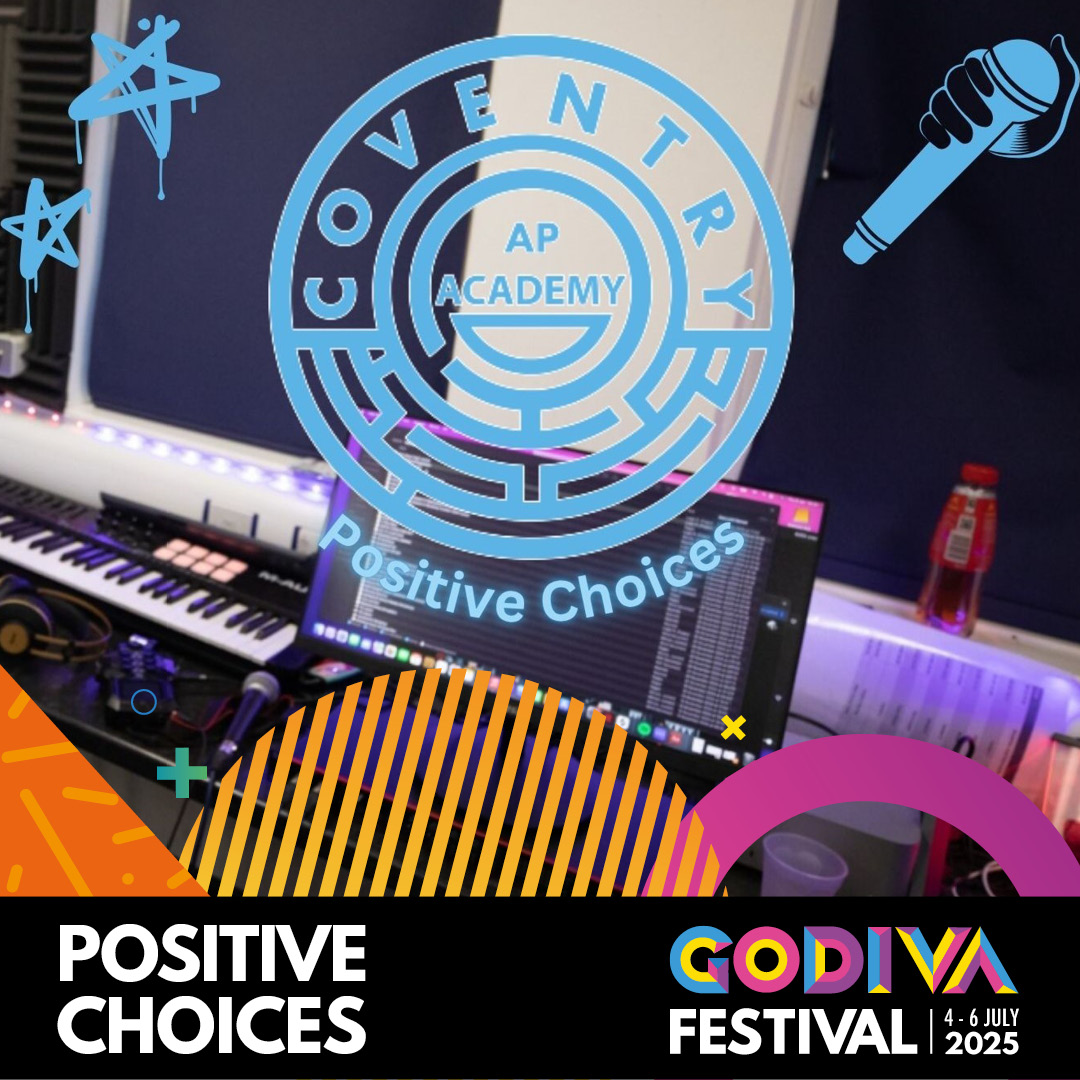 youth pictured with electronic music and mixing equipment with Godiva logo at bottom and positive choices logo in blue across the image